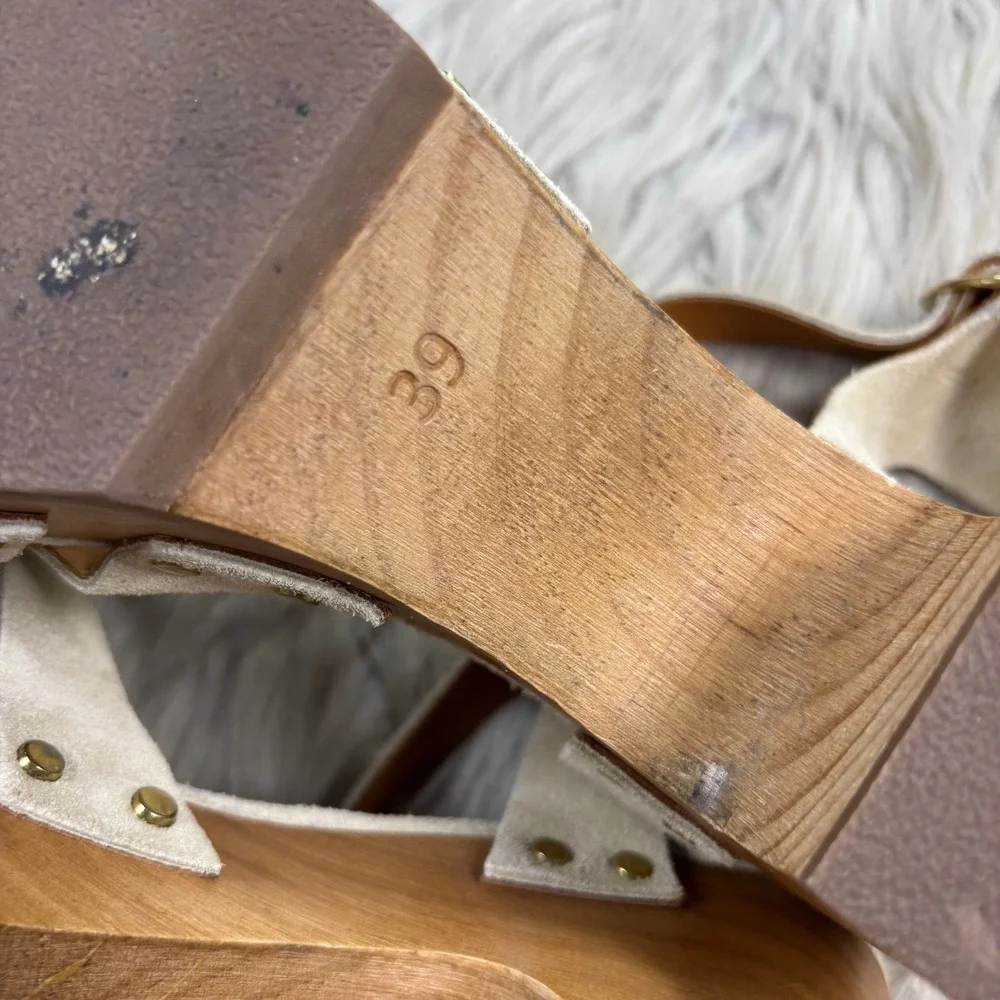 Sezane Women's 39 US 8 Ivory Khaki Suede Strappy Isabelle Clog Sandals Scandi